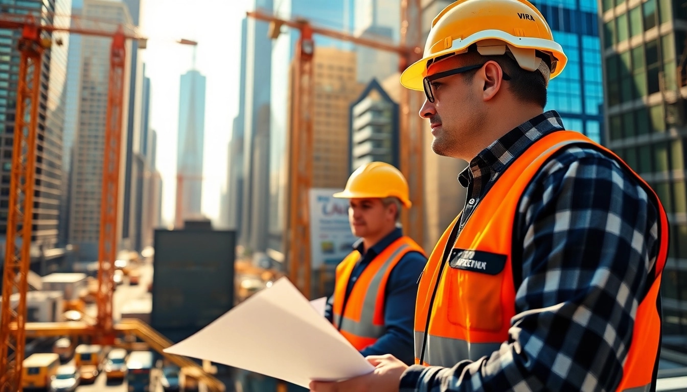 New York Construction Manager supervising a busy construction site in New York City.