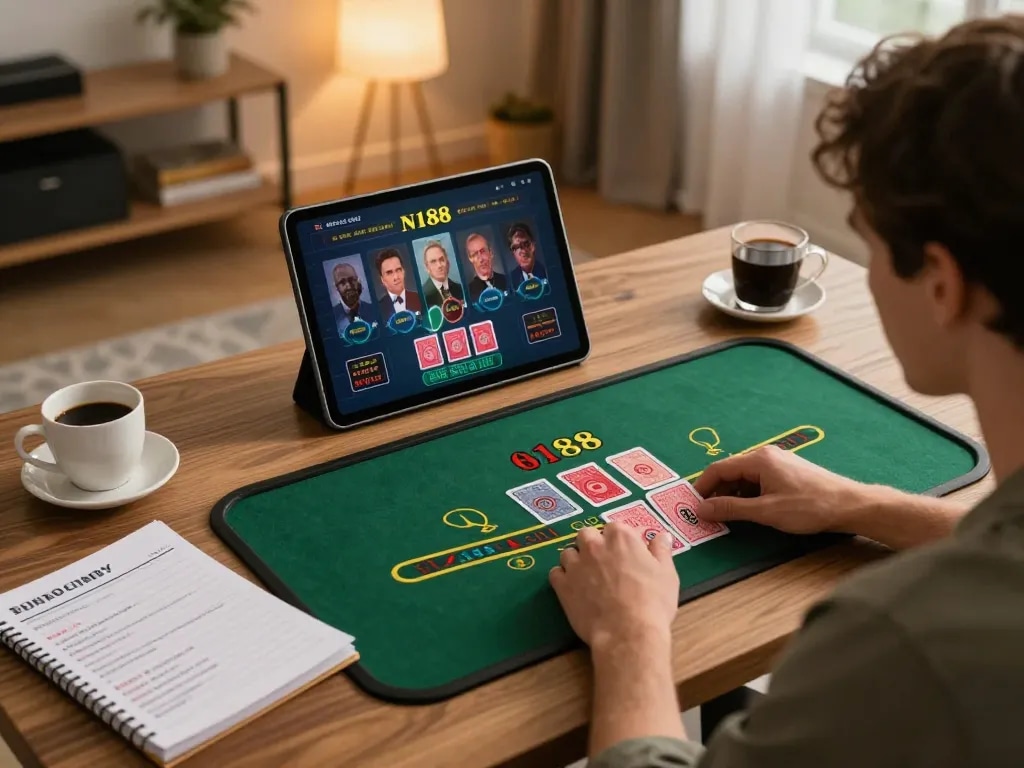 N188 player engaged in live dealer blackjack on tablet at home, showcasing a strategic gaming setup.