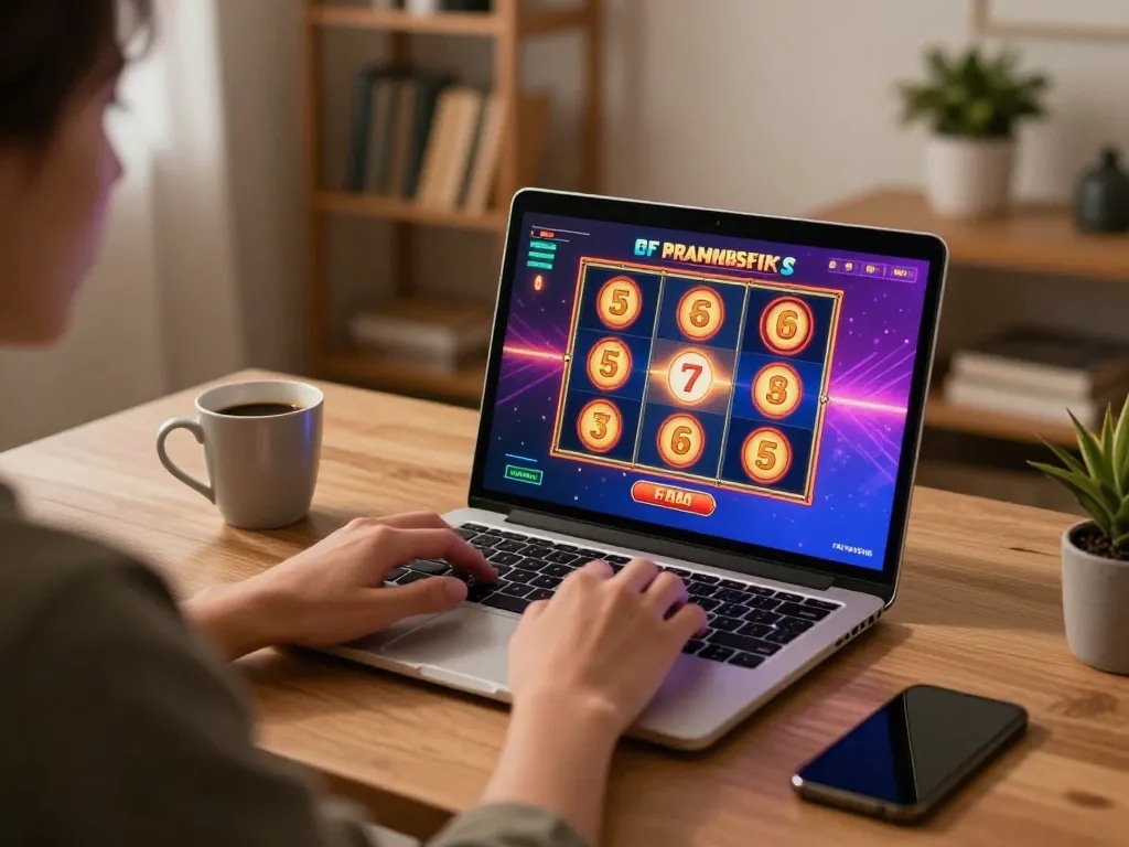 Experience the bonus new member offer engaging with a slot game on a cozy home desk setup.