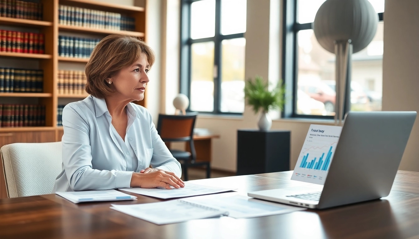 Clearwater truck accident attorney guiding a client through legal documents in a well-lit office.
