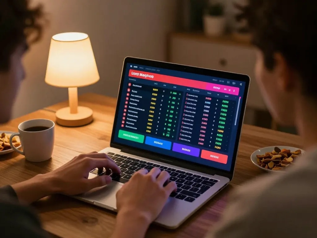 Kèo nhà cái 55 user analyzing live sports betting odds on a laptop in a cozy home office.
