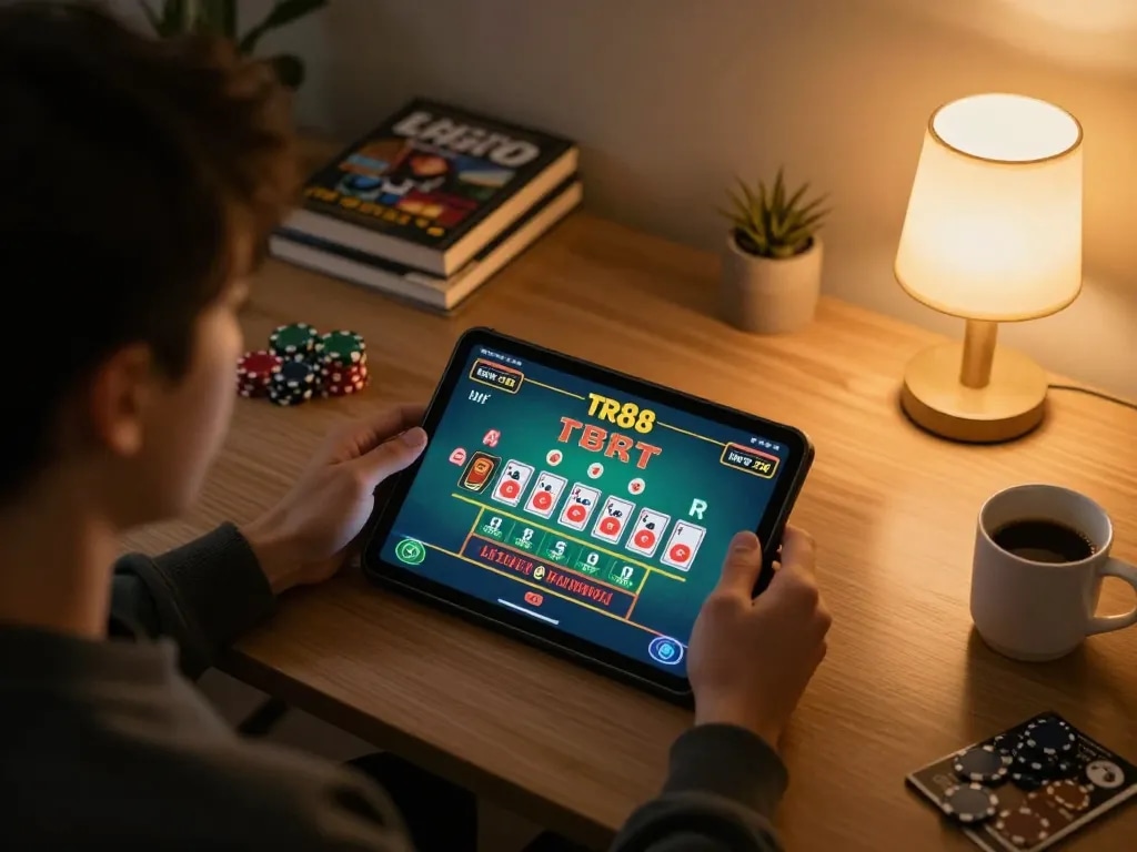 Engage with TR88 com through exciting online baccarat gameplay on a tablet in a cozy home office setting.