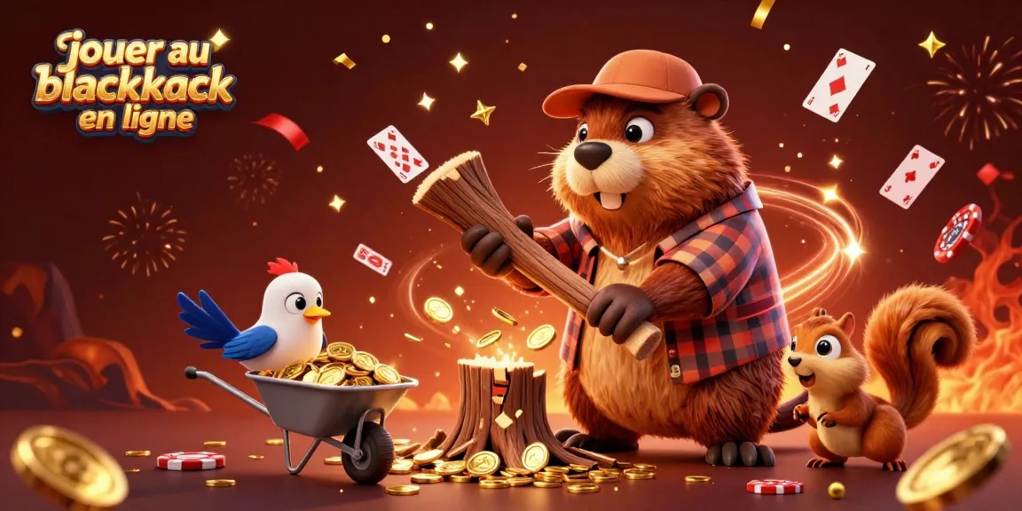 Jouer au blackjack en ligne est captivant avec des personnages en action entourés de cartes et de jetons.