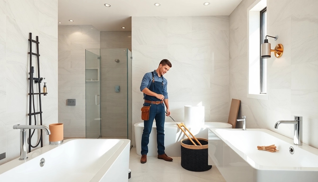 Experienced bathroom installers working on a modern renovation project, showcasing quality craftsmanship.