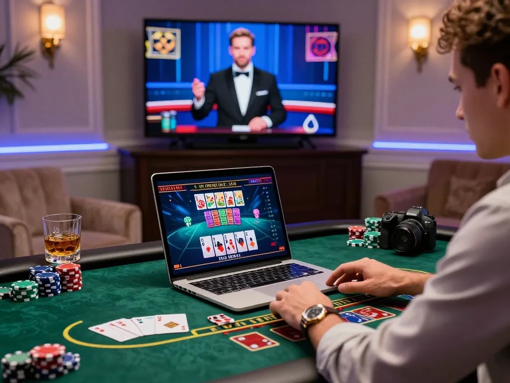 Intense online baccarat gameplay on a luxurious digital table, showcasing the sophistication of the 바카라사이트 experience.