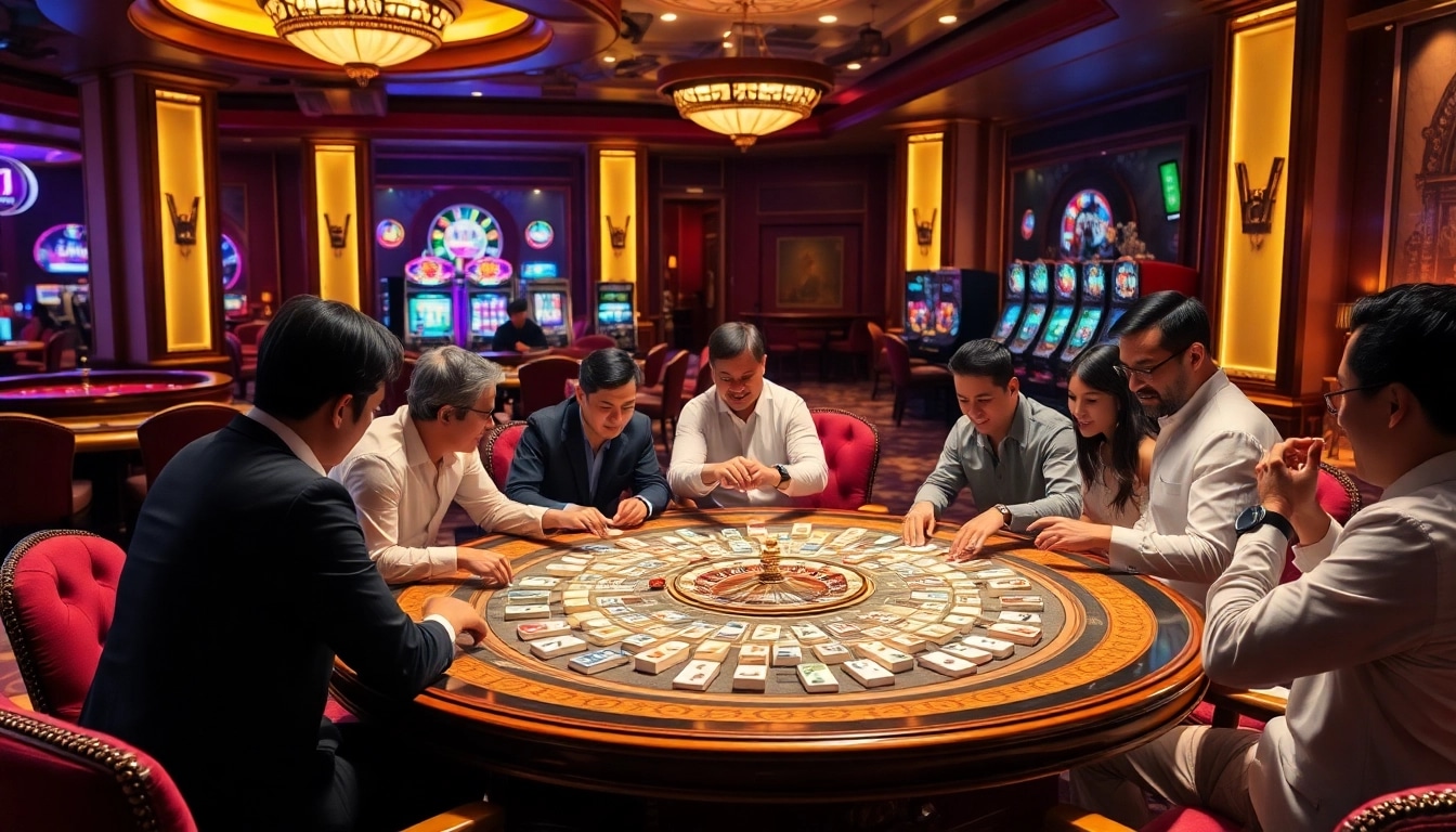 Players engaging in link mahjong strategies at an elegant casino table, showcasing excitement and skill.