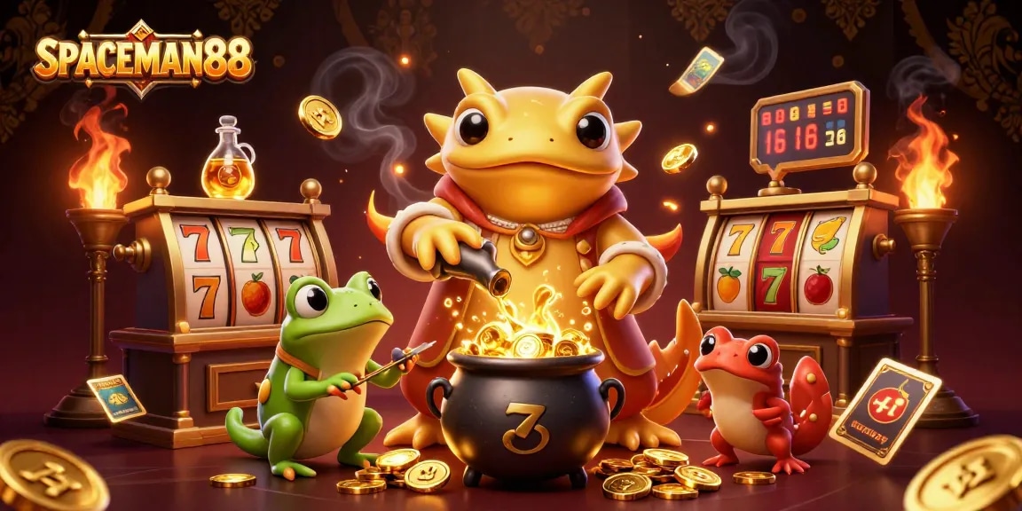 Engage with SPACEMAN88 as the golden alchemist and frog apprentice create riches through lucky slots.