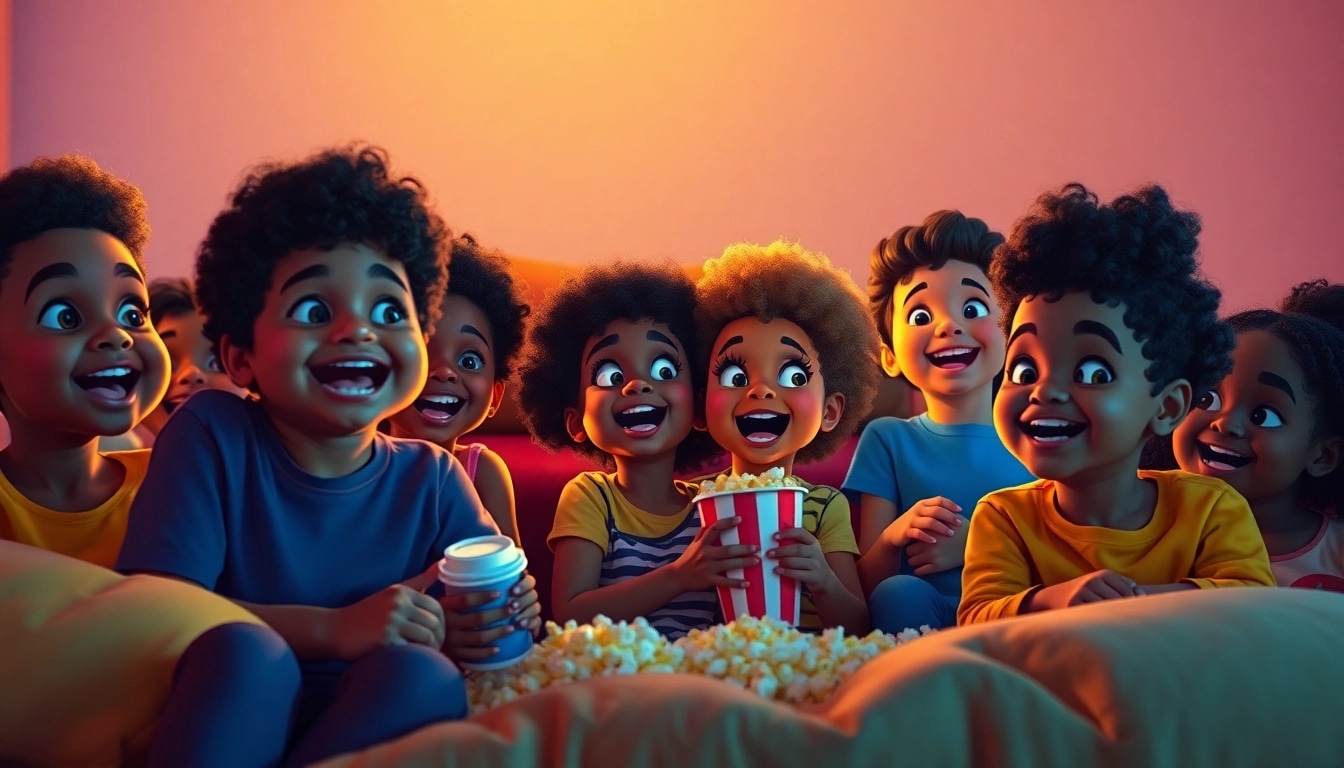 Children enjoying African American cartoons on a colorful screen, showcasing joy and representation.