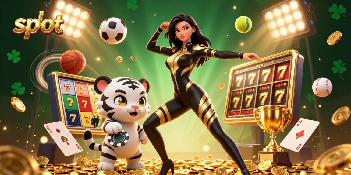 Play thrilling slot games with a dynamic scene featuring a stylish woman and a playful tiger.