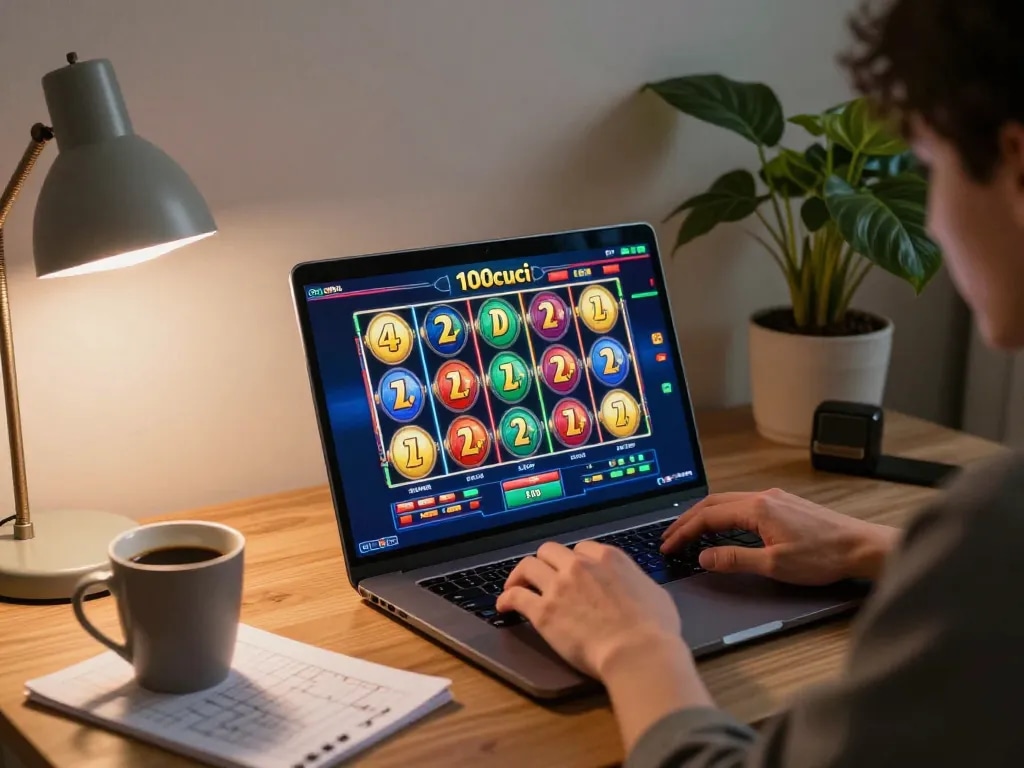 Person playing the 100cuci online casino on a laptop with vibrant slot games in a cozy home setting.