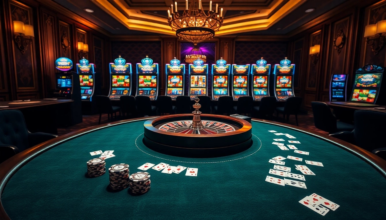 Experience TR88 excitement at a luxurious casino poker table surrounded by vibrant slots.