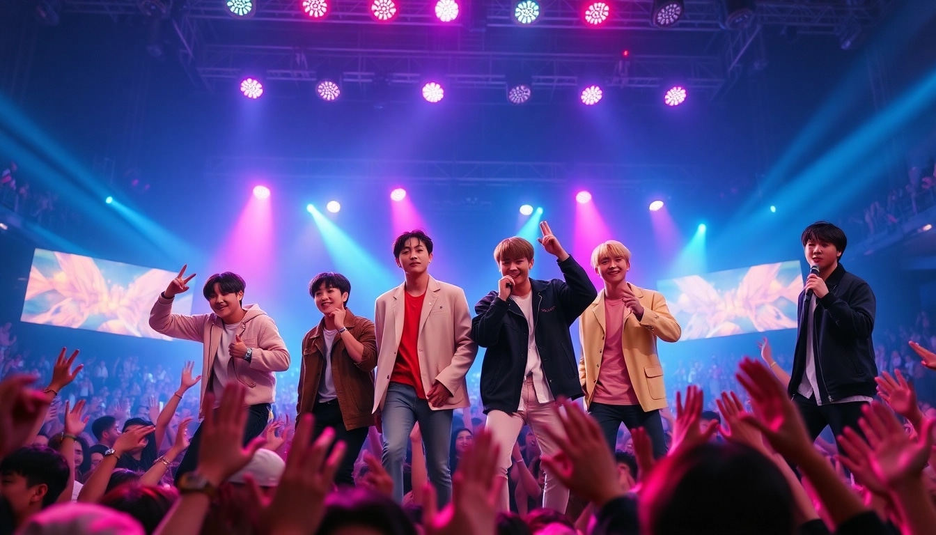 BTS members performing on stage in a vibrant concert scene, captivating fans with their energy.