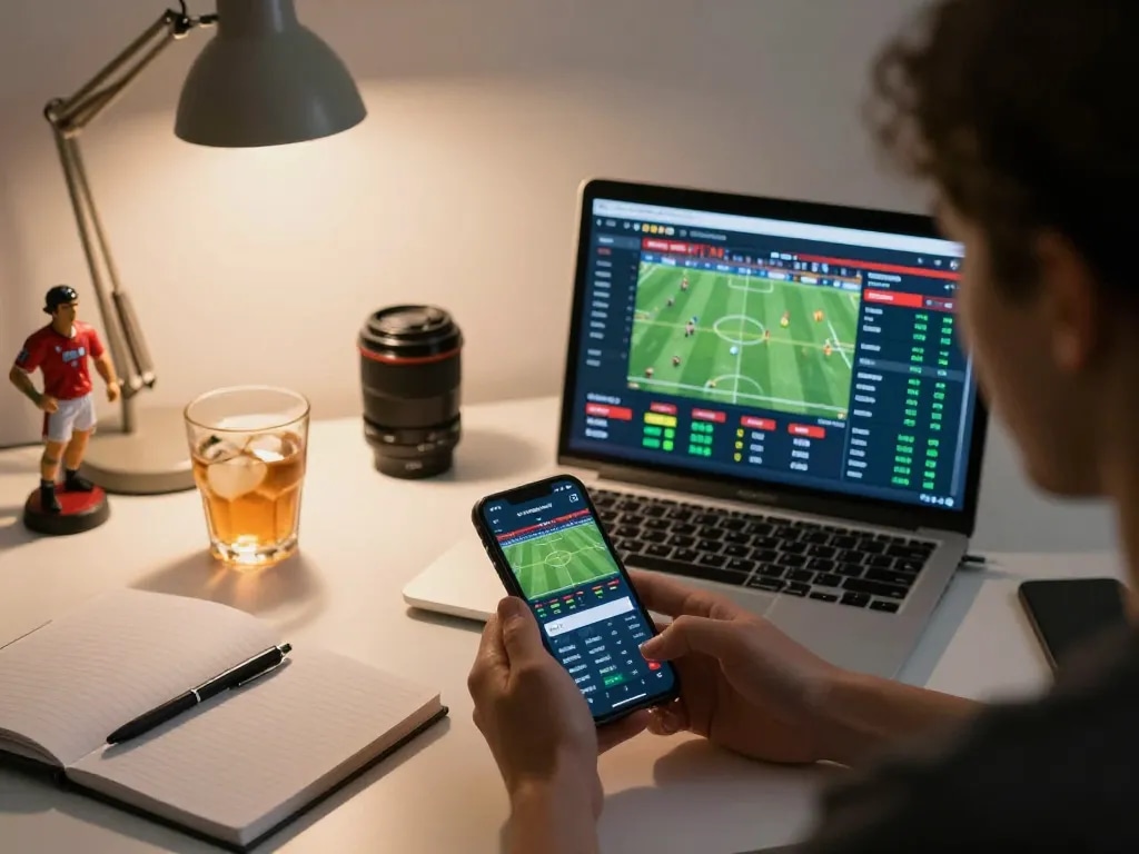 Kết quả bóng đá hôm nay displayed on smartphone during an engaging sports betting session at home