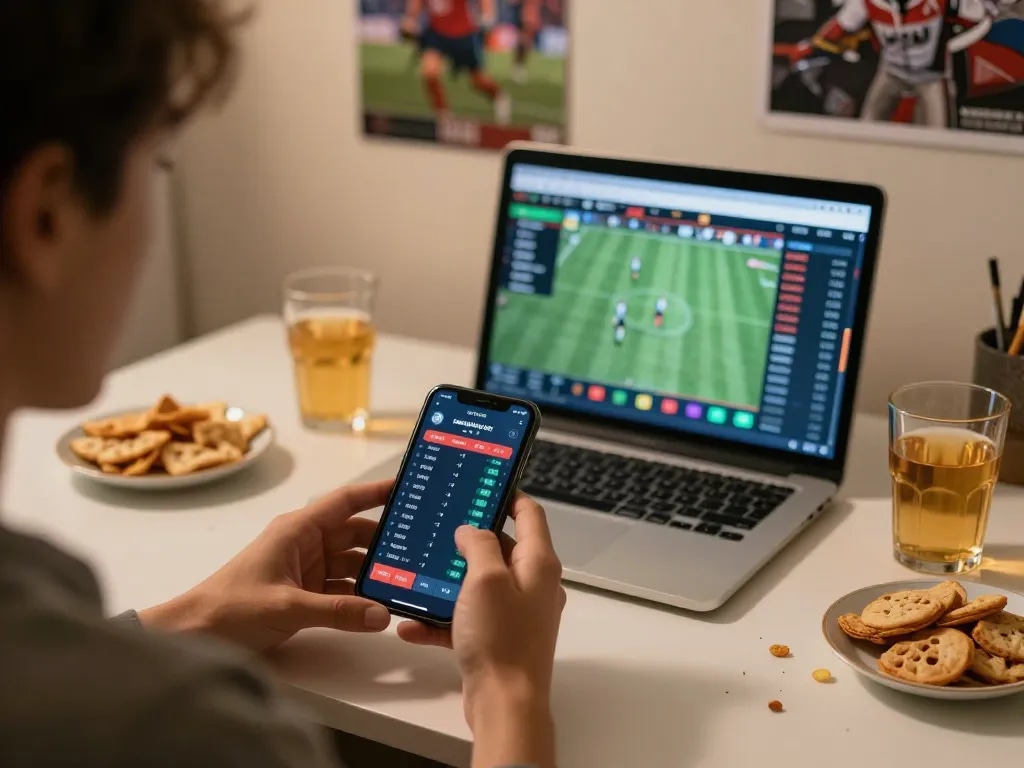 Engaging sports betting scene at home with nhà cái 388bet displayed on smartphone for optimal betting.