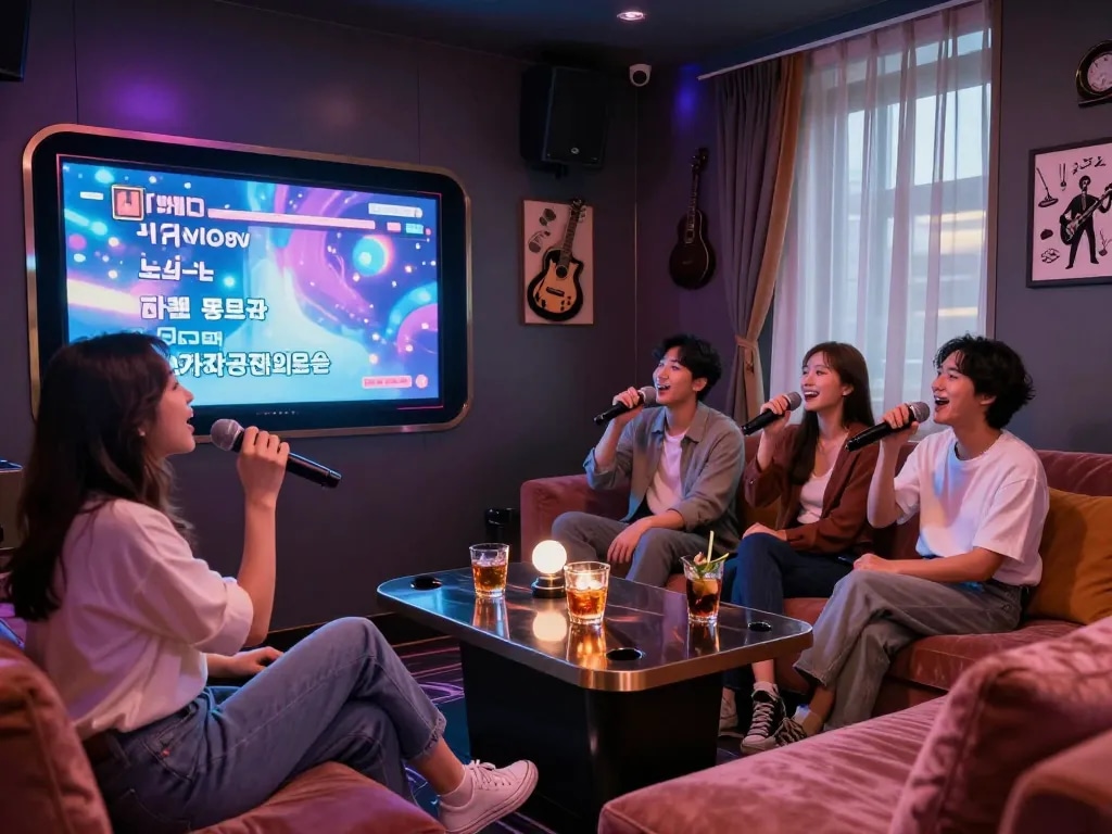 현대적인 방에서 친구들이 노래를 부르며 즐기는 활기찬 카라오케 밤, https://www.3no.org/seo, 음료와 장식으로 가득한 생동감 넘치는 분위기.