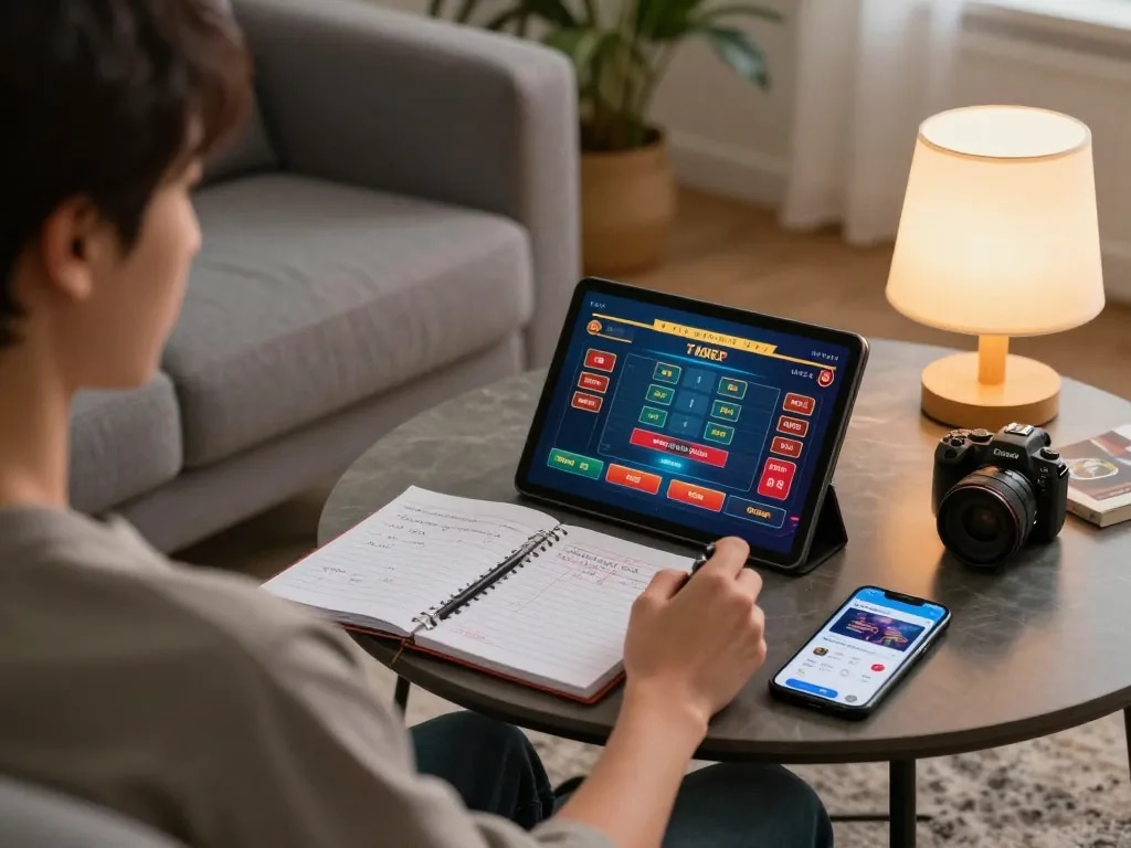Player enjoying online gaming on tg88 trang chủ with tablet and notes on bankroll management.