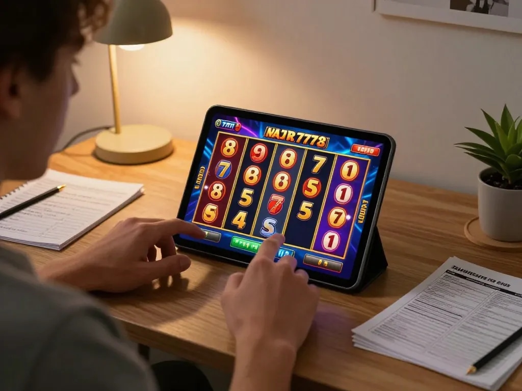 Engaging in online slot777 gameplay on a tablet, showcasing colorful slot reels in a cozy home office setting.