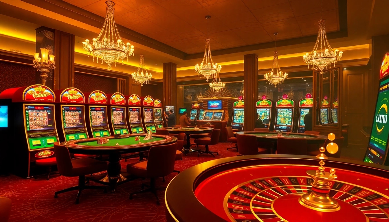Des joueurs de jeux d'argent profitent d'un moment excitant dans un casino en ligne en France avec des machines à sous vibrantes et des tables de poker.