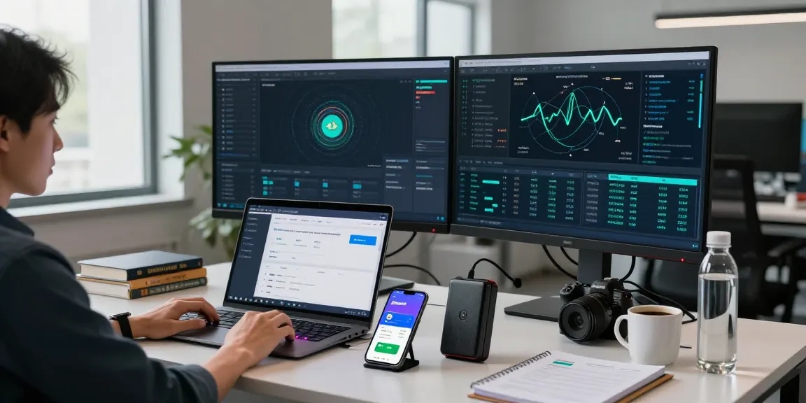 Engaging crypto workspace featuring cloud mining with daily payouts displayed on multiple monitors and tech tools in a modern office setup