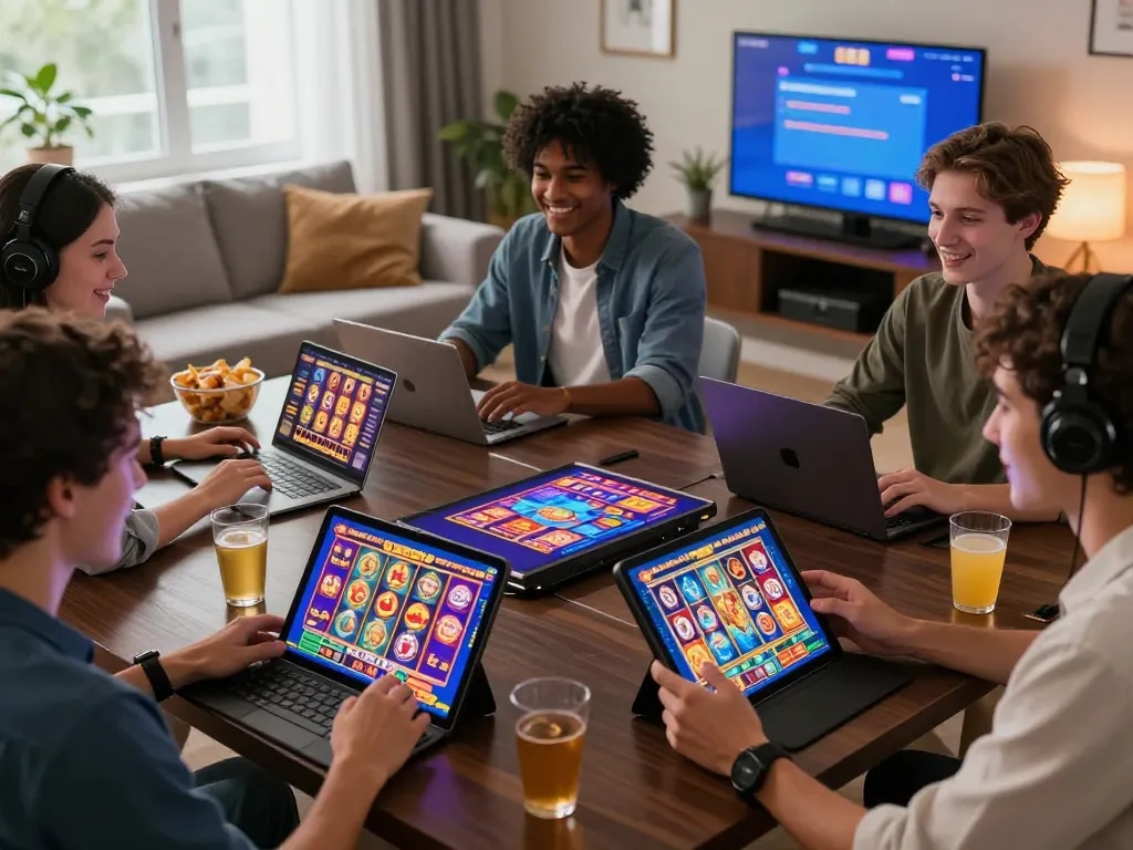 Teman-teman menikmati pengalaman bermain laoban188 di rumah dengan grafis slot yang berwarna-warni dan perangkat digital.