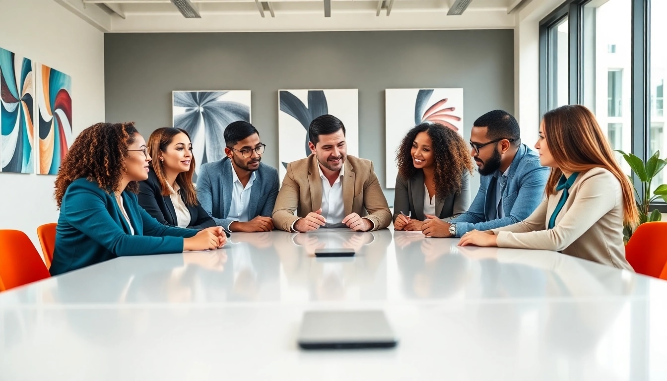 Dynamic discussion about extended warranty company strategies among professionals in a modern office.