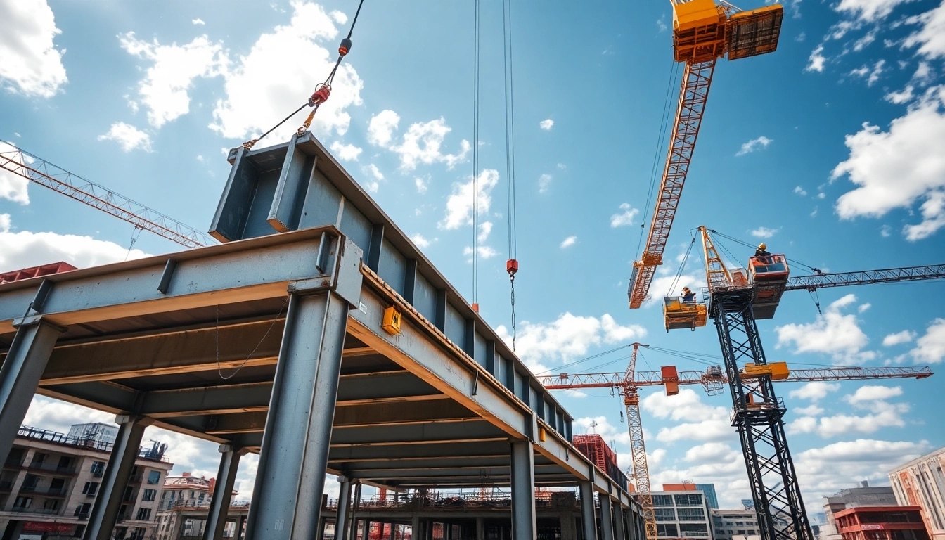 Workers engaging in structural steel construction activity on a busy construction site.