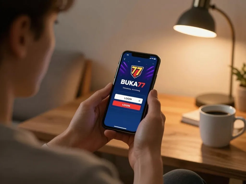 Player accessing BUKA77 LOGIN on a smartphone in a cozy home setting, reflecting online gaming excitement.