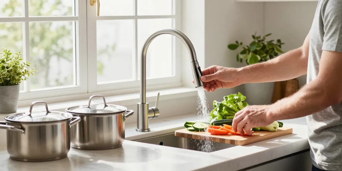 Modern kitchen faucets featured with homeowner preparing vegetables in bright kitchen.