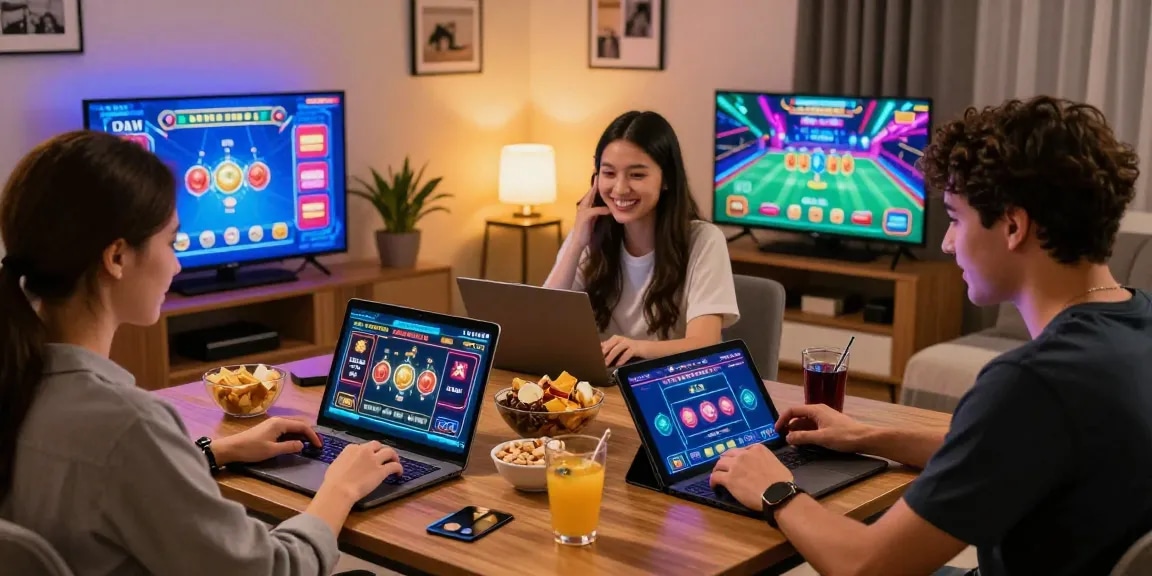 Players enjoying credit card casinos at home, engaging with laptops and tablets in a lively atmosphere.