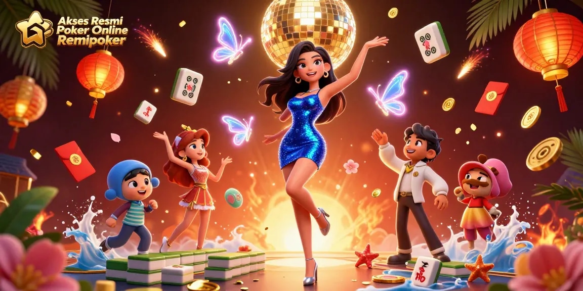 Akses Resmi Poker Online Remipoker showcases a glamorous casino scene with vibrant elements and casino-themed visuals.