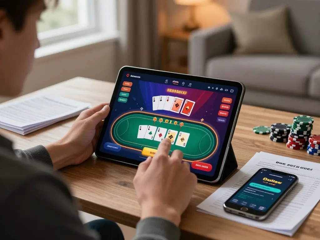 Engaging with kp88 online poker app, showcasing vibrant gameplay on tablet in cozy living room.