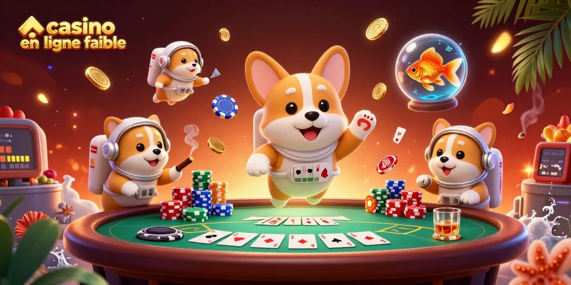 Visualisez un casino en ligne fiable avec un corgi astronaute flottant entouré de jetons de poker et de pièces d'or