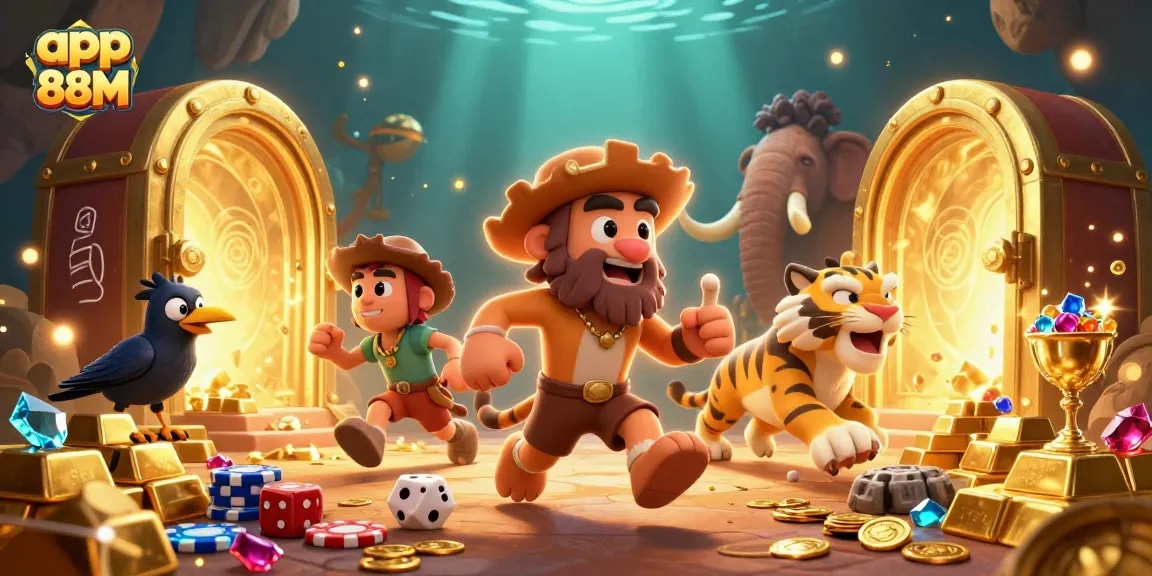 Experience thrilling wins with app 88M as the caveman duo commands a prehistoric casino in a vibrant illustration.
