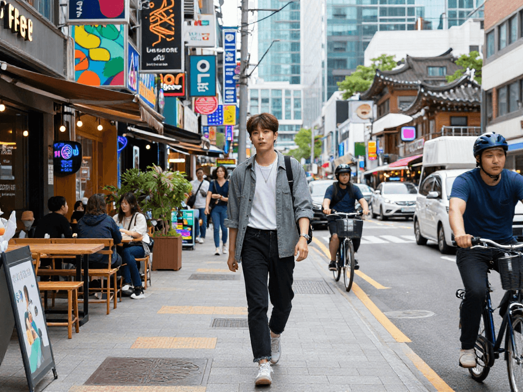 강남 달토의 바쁜 거리에서 자신감 있게 걷는 젊은 성인