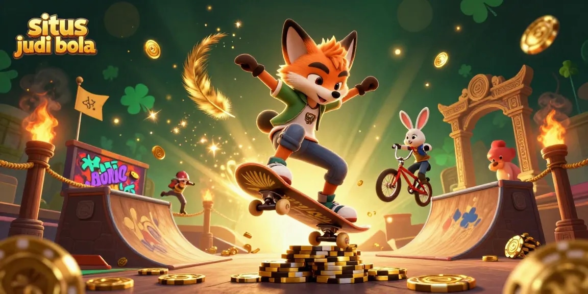A vibrant illustration depicting situs judi bola with a 3D skateboarder fox and a BMX rabbit showcasing dynamic tricks near golden poker chips.