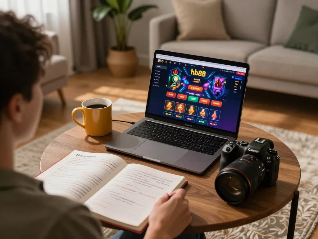 Experience hb88 online gaming with a cozy home setup, featuring a laptop and strategy notes.