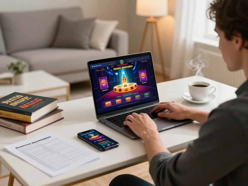 Engaging in casino online americani with laptop at home, showcasing a strategic gaming environment.