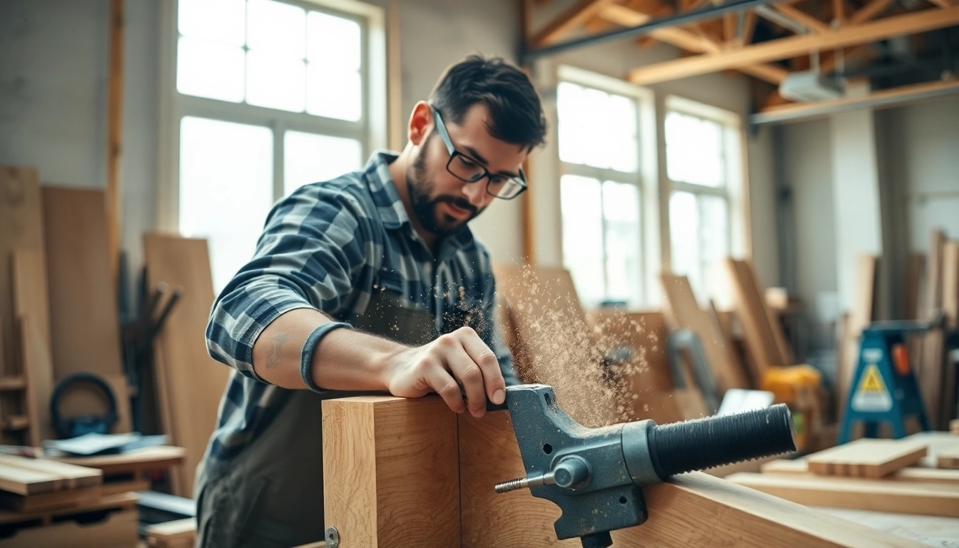 Carpentry apprenticeship: focused carpenter crafting wood in a bright, tool-rich workshop.