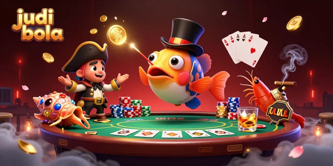 Engaging judi bola scene with a deep-sea anglerfish attracting golden coins and surrounded by poker elements.