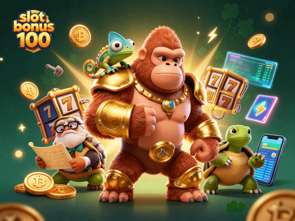 Engage with slot bonus 100 in an epic gaming scene featuring a gorilla king, colorful chameleon, and wise tortoise.