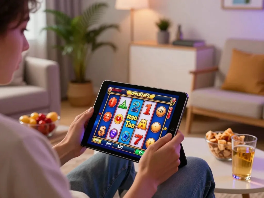 Playing slot online on a tablet in a cozy living room, showcasing vibrant casino graphics.