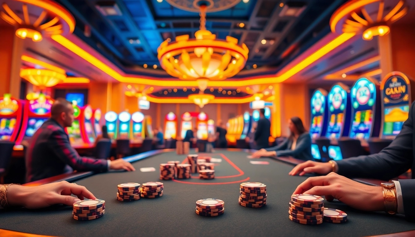 Menampilkan permainan situs toto di kasino yang meriah dengan meja poker dan pemain terlibat.