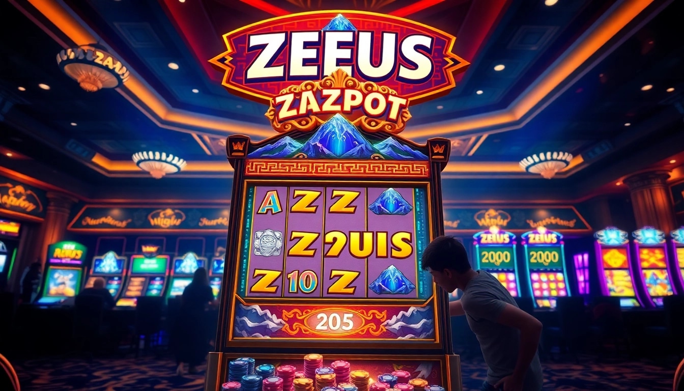 Winning at the Zeus slot machine in a vibrant casino setting with colorful lights.