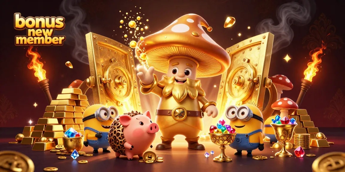 Engage with the thrilling bonus new member offer in a vibrant 3D illustration filled with gold and treasures.
