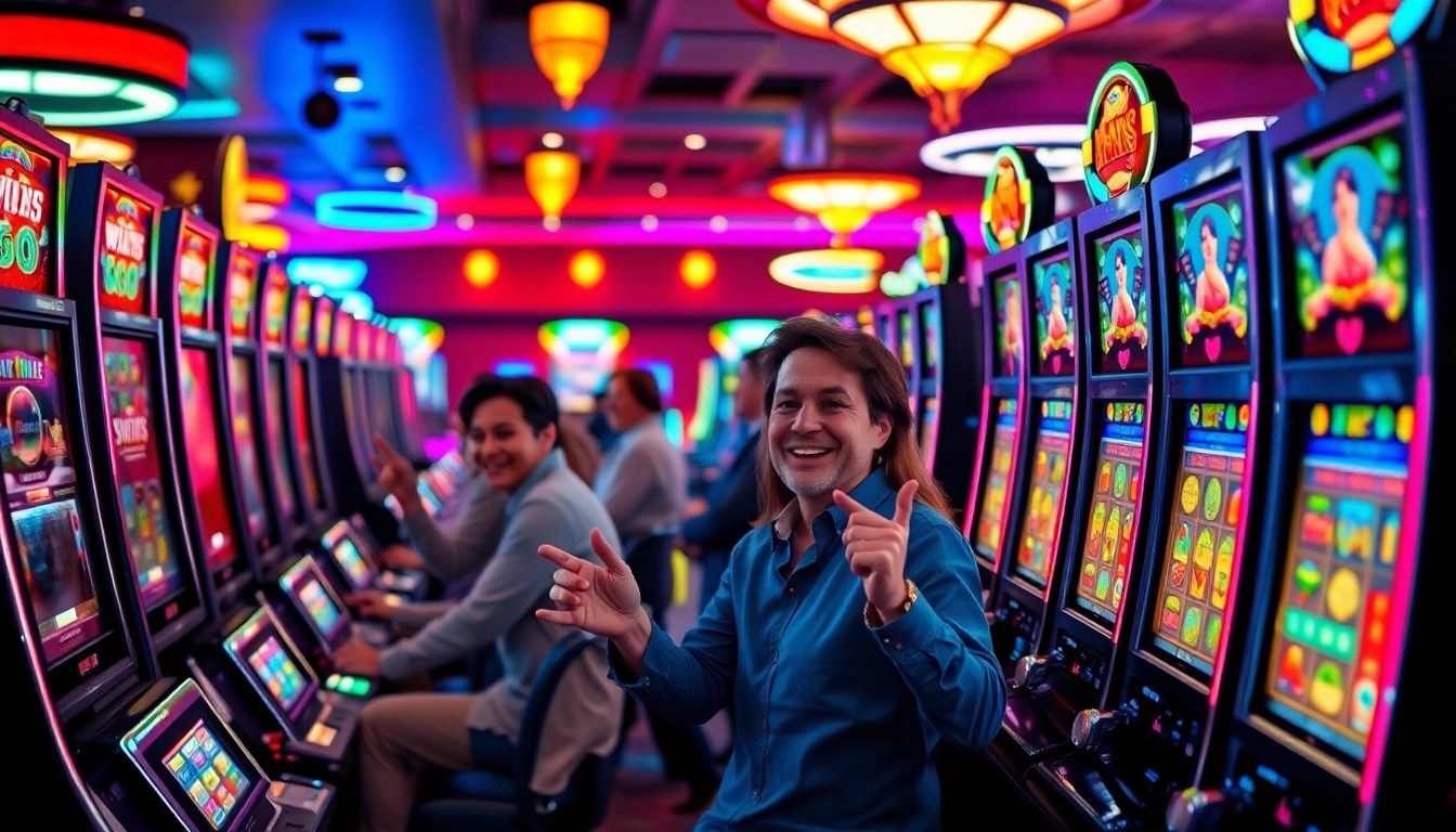 Menampilkan Istana777 Situs dengan pemain kasino yang bersemangat merayakan kemenangan di mesin slot.