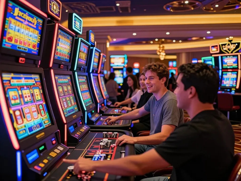 Engaging scene of players at colorful slot machines enjoying slot gacor gampang menang action in a vibrant Vegas casino.