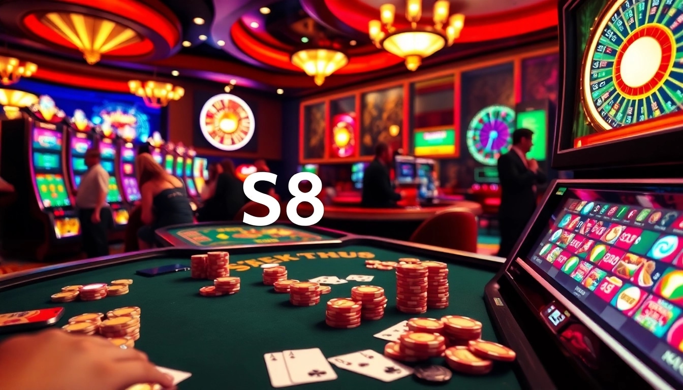 S8 casino players enjoying a vibrant game setting with poker chips and slot machines.