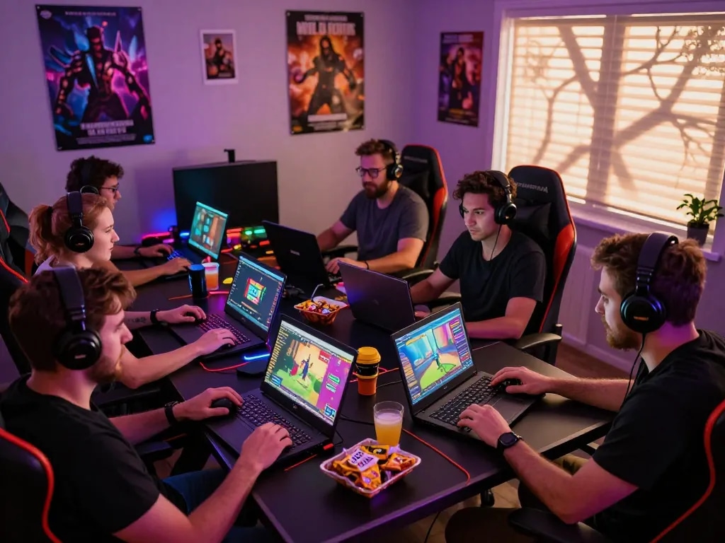 Adults enjoying HTML porn games on various devices in a vibrant gaming room.