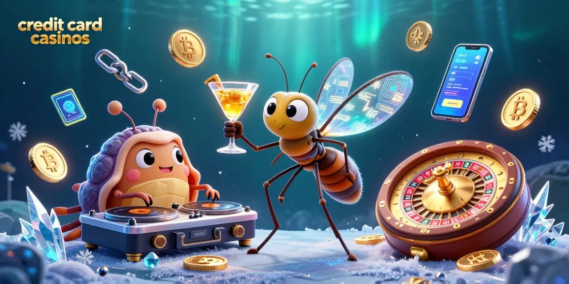 Experience the excitement of credit card casinos with a lively 3D illustration featuring unique casino characters and vibrant game elements.