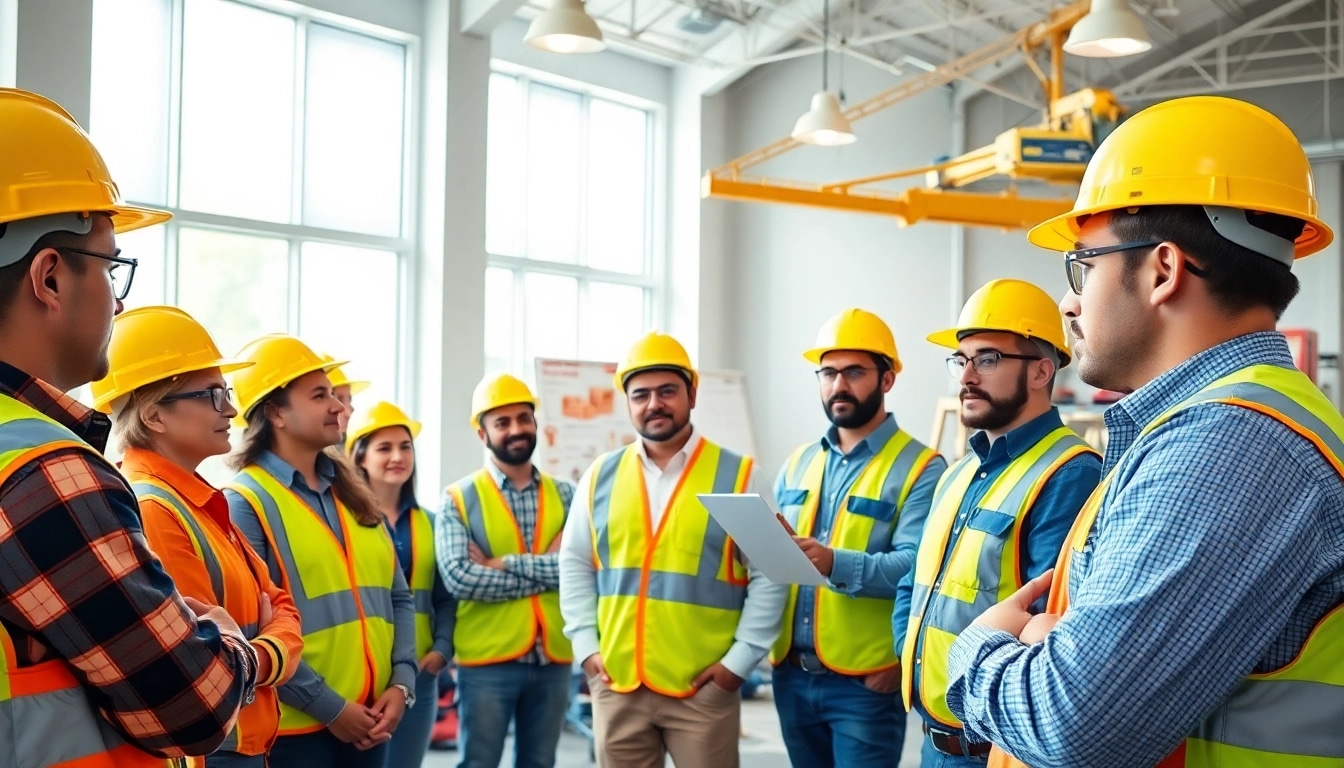 Engaging session on construction safety programs with attentive workers learning in a bright setting.